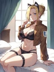 ai_generated annie_leonhardt attack_on_titan bed bedroom belts big_breasts black_bra black_lingerie black_panties black_underwear blonde_female blonde_hair blonde_hair_female blue_eyes breasts brown_jacket cat_ears cleavage cute cute_face emblem fake_animal_ears fake_cat_ears fake_ears female female_focus female_only hair_tie jacket jorgecarlosai leather_jacket leg_straps lingerie lingerie_only looking_at_viewer looking_at_you panties shingeki_no_kyojin straps survey_corps_(emblem) tied_hair titan_shifter toned toned_body toned_female toned_legs toned_stomach underwear watermark