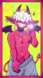 big_balls big_penis choker demon earrings flaccid flaccid_penis half-dressed hornbunxx horns huge_cock imp lean_muscle long_ears long_penis long_tail looking_at_viewer male male_only nipples original_character phone presenting_penis pulling_down_pants red_body sharp_teeth small_but_hung smile solo taking_picture taking_selfie white_hair