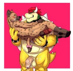 2boys after_sex anal anal_fingering anthro balls blush bodily_fluids bowser claws cum duo eye_contact fingering furry furry_only gay genital_fluids genitals hi_res holding_partner humanoid_genitalia humanoid_penis hyena koopa looking_at_another male male/male mammal mario_(series) muscular nintendo penis scalie seyrmo smile standing