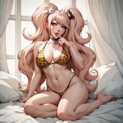 ai_generated bed big_breasts blonde_hair danganronpa danganronpa_(series) danganronpa_3 inviting_to_sex junko_enoshima leopard_print_bikini seductive_smile