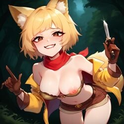 1girls ai_generated anal ass bent_over blonde_hair blush breasts brown_eyes cum flower_fairy forced fox_ears fox_girl fox_tail looking_at_viewer medium_breasts neri_(flower_fairy) nipples sad short_shorts stable_diffusion strapless uwuia white_panties