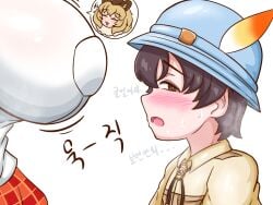 big_breasts blush breasts captain_(kemono_friends) enormous_breasts female giant_breasts gigantic_breasts huge_breasts hyper_breasts large_breasts lion_(kemono_friends) massive_breasts size_difference