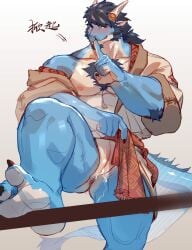 absurd_res animal_genitalia anothereidos_of_dragon_vein_r anthro anus arm_tuft blue_body blue_hair blue_scales blush body_hair bottomwear chest_hair claws clothed clothing coat dragon elbow_tuft facial_hair feet finger_claws flashing_anus flashing_genital_slit flashing_penis folker_(anothereidos_r) foot_focus genital_slit genitals goatee hair hi_res horn loincloth male muscular muscular_male mythological_creature mythological_scalie mythology nipples open_clothing open_coat open_topwear pecs precum_on_slit raised_leg red_eyes scales scalie shush sideburns solo tail_hair toe_claws topwear tuft zhengshizi