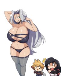 1boy 2girls armpits chibi cloud_strife final_fantasy final_fantasy_vii grey_hair huge_breasts iggy-bomb lipstick nosebleed rule_63 sephimom sephiroth square_enix thick_thighs thighhighs thumbs_up tifa_lockhart white_background wide_hips