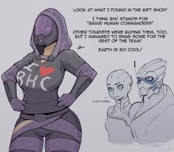 1boy 1boy2girls 2girls alien alien_boy alien_girl asari bhc blush breasts demidoggo female garrus_vakarian helmet human_is_better liara_t'soni looking_at_viewer male mass_effect quarian shirt tali'zorah_nar_rayya talking talking_to_another thick_thighs thighs turian