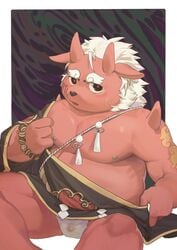 2021 9x8bit anthro asian_mythology blush bodily_fluids bulge clothing demon east_asian_mythology hi_res horn humanoid_hands japanese_mythology male male_only mythology nipples oni overweight overweight_male red_body solo sweat underwear undressing young yōkai