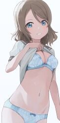 blue_eyes bra breasts brown_hair flashing love_live! love_live!_sunshine!! panties pointy_chin short_hair underwear undressing watanabe_you