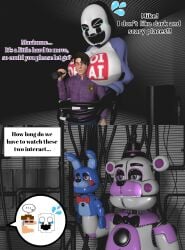 animatronic bear bunny female five_nights_at_freddy's five_nights_at_freddy's:_sister_location five_nights_at_freddy's_4 funtime_freddy_(fnafsl) huge_breasts human humanoid male marimike michael_afton nightmarionne no_nude puppet_bonnie_(fnafsl) source_filmmaker sugoi_dekai yuuki_momofox