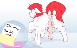 absurd_res anus balls bodily_fluids body_manipulation chapaevv digital_media_(artwork) english_text fan_character feral futanari genital_fluids genitals hair halbes_(mlp) hasbro hi_res looking_at_viewer my_little_pony nude penis potion pussy rule_63 solo tail text