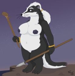 2011 anthro badger big_breasts black_nose blue_eyes bracelet breasts claws female hi_res holding_object holding_weapon jewelry mammal melee_weapon mustelid musteline navel nipples nude overweight overweight_anthro overweight_female polearm redwall rowanoak short_stack solo spear suce weapon whiskers