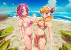 2girls alia beach big_breasts bikini blonde_hair blue_eyes mega_man mega_man_x mega_man_x_dive nana_(mega_man) orange_swimsuit pink_hair pink_swimsuit rinku_bny swimsuit