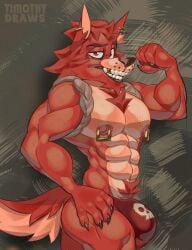 2023 anthro bulge canid caninblek canine clothed clothing five_nights_at_freddy's fox foxy_(fnaf) fur hi_res jockstrap jockstrap_only male mammal multicolored_body multicolored_fur muscular muscular_anthro muscular_male nipple_piercing nipples piercing red_body red_fur scottgames solo topless underwear underwear_only