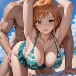 ai_generated armpits bikini blush breasts doggy_style female highres hot krispykenny large_breasts looking_at_viewer male nami nami_(one_piece) one_piece