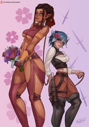 2girls art_with_a_side_of_fries awasof bare_shoulders big_breasts blush catgirl clothed clothed_female clothing collar color crop_top elezen eye_contact fantasy female female_only final_fantasy final_fantasy_xiv flower grin larger_female leash leash_pull looking_at_another miqo'te pointy_ears rope short_hair shorter_female standing taller_girl thick_thighs tied tight_clothing tight_fit tights underboob