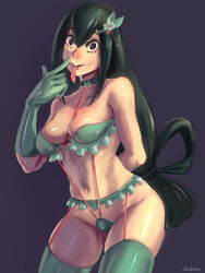 1girls black_eyes choker collar female_only flower_in_hair frog_girl froppy gloves green_hair hair_ornament large_eyes light_skin lingerie long_hair long_tongue looking_at_viewer my_hero_academia skimpy skimpy_clothes smile tongue tsuyu_asui ultrabinou very_long_hair