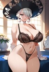 2d ai_generated big_breasts black_bra black_panties bra cogita_(pokemon) game_freak hat headwear highleg highleg_panties nintendo panties pokemon pokemon_legends:_arceus solo solo_female solo_focus tagme white_hair