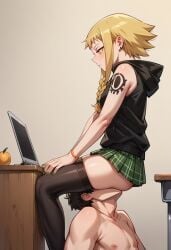 1boy 1girls ai_generated black_hoodie blonde_hair clothed_female_nude_male facesitting female_on_top femdom hoodie human_chair ignored ignoring medusa_gorgon petite_female sidelocks sitting sitting_on_person skirt sleeveless sleeveless_hoodie snake_girl soul_eater thighhighs yellow_eyes