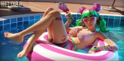 3d candy_bra clothed fortnite glasses green_hair helix3d holding_lollipop pool pool_float tropical_punch_zoey zoey_(fortnite)