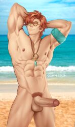 1boy abs beach erection fire_emblem fire_emblem:_three_houses glasses horaseiji male_focus male_only nude outdoors penis sylvain_jose_gautier sylvain_jose_gautier_(summer)