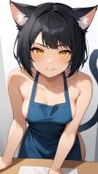 ai_generated apron apron_only bangs bankonit black_hair blush cat_ears catgirl cleavage freckles freckles_on_breasts freckles_on_face freckles_on_shoulders leaning_forward medium_breasts nipple_slip original_character short_hair smile smirk solo stable_diffusion tail yellow_eyes