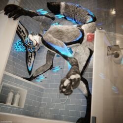 1:1 3d_(artwork) 4k absurd_res anal anal_sex animal_genitalia animal_penis anthro anthro_on_anthro anthro_penetrated ass balls bathroom bathroom_tiles bathroom_wall biped black_body black_fur blender_(artwork) blender_cycles blue_penis bodily_fluids canid canine canine_genitalia canine_penis canis claws closed_eyes clothing cum cum_on_knot depth_of_field digital_media_(artwork) dildo dildo_in_ass dildo_insertion dominant dragonplayer dragonplayer_(character) erection feet fox fur furniture genital_fluids genitals grey_body grey_fur hair hi_res hindpaw inside knot male male/male male_penetrated mammal moan multicolored_body nude object_in_ass open_mouth orgasm pawpads paws penetration penis pink_penis pushing raised_leg reflection rexouium sex_toy sex_toy_in_ass sex_toy_insertion sex_toy_penetration shower slim slim_anthro slim_male slim_sub smile solo standing submissive submissive_male tail teeth toe_claws white_body white_fur