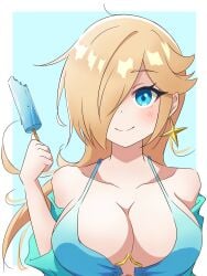 bare_shoulders blonde_hair blue_background blue_bikini_top blue_eyes blush cleavage collarbone earrings female hair_over_one_eye holding_popsicle ice_pop large_breasts long_hair looking_at_viewer mario_(series) nintendo o-ring_top princess_rosalina smile sweatdrop upper_body yassrosalina