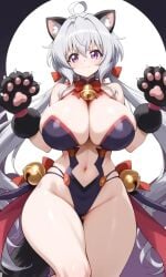 ahoge animal_ears animal_paws animal_tail bell bell_and_collar big_breasts breasts collar cosplay costume furry hair huge_breasts long_hair long_pants long_sleeves low_twintails outfit purple_eyes silver_hair symphogear thick_thighs twintails wide_hips