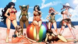 adjusting_eyewear adjusting_glasses android beach bikini black_hair brown_hair cinder_fall coco_adel emerald_sustrai green_hair jadenkaiba looking_at_viewer looking_over_eyewear looking_over_glasses looking_over_sunglasses neo_(rwby) one-piece_swimsuit orange_hair penny_polendina raven_branwen rwby sunglasses swimsuit tinted_eyewear velvet_scarlatina