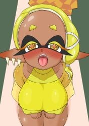 1girls absurdres blonde_hair blush breasts brown_eyes cephalopod_eyes colored_eyelashes dark-skinned_female dark-skinnedsub dark_skin earrings fangs frye_(splatoon) highres inkling inkling_girl jewelry large_breasts multiple_earrings nintendo open_mouth shiny_skin splatoon splatoon_(series) splatoon_3 tank_top tentacle_hair tongue tongue_out yawake yellow_eyes