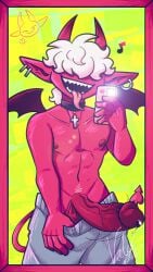 1boy big_balls big_penis choker confident confident_male confident_smile cross_choker curly_hair demon demon_boy demon_horns earrings erect_penis erection hair_over_eyes half-dressed hornbunxx horns huge_cock imp lean_muscle long_ears long_penis long_tail long_tongue looking_at_viewer male male_only membranous_wings mischievous_smile nipples original_character pants_down pants_pulled_down penis_out phone piercing pointy_ears presenting_penis pubic_stubble pulling_down_pants red-skinned_male red_body red_horns red_skin red_tail sharp_teeth small_but_hung smile solo spade_tail tail taking_picture taking_selfie tongue_out white_hair white_pubic_hair wings