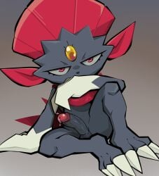 anthro balls bodily_fluids claws darkluxia dripping erection generation_4_pokemon genital_fluids genitals grey_background hi_res humanoid_genitalia humanoid_penis looking_at_viewer male narrowed_eyes nintendo penis pokemon pokemon_(species) precum precum_drip simple_background sitting solo weavile