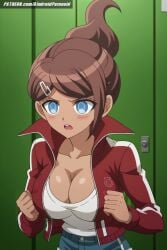 ai_generated aindroidparanoid asahina_aoi big_breasts blush breasts busty cleavage curvy danganronpa danganronpa_(series) dark_skin female gym gym_uniform hips huge_breasts indoors jacket large_breasts narrow_waist short_hair slim_waist stable_diffusion tank_top voluptuous waist wide_hips