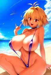 ahoge ai_generated alternate_breast_size arcueid_brunestud areolae big_breasts blonde_hair breasts breasts_bigger_than_head color huge_breasts large_breasts meaty melty_blood micro_bikini nipples plump red_eyes short_hair swimsuit thick thick_thighs top_heavy tsukihime type-moon vampire vampire_girl wide_hips