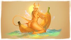 ass back banana caio_santos from_behind fruit gold_skin long_hair looking_at_viewer nude pink_eyes pinup postcard round_glasses sitting succubus sunny_(caio_santos) tail water yellow_skin