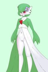 choker drool drool_string drooling exposed_pussy flower flower_in_hair gardevoir green_choker green_clothing mizikutsu pokemon pokemon_(species) pussy red_eyes smile standing white_clothing