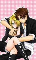 1boy 1girls beelzebub_(manga) black_clothing black_dress blonde_hair blonde_hair_female cleavage crossed_legs female gloves green_eyes hair_over_one_eye hand_on_breast hilda_(beelzebub) male/female oga_tatsumi on_lap school_uniform schoolboy sitting_on_lap straight younger_male