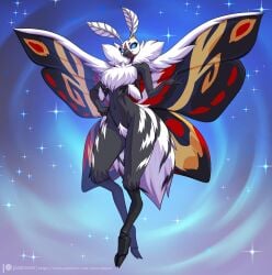 4_arms ai_generated alanscampos anthro black_sclera blue_eyes looking_at_viewer moth_girl mothra mothra_(series) smile wings