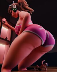 1girls 3d asian asian_female blizzard_entertainment d.va female female_focus female_only giant_female giant_woman giantess hana_song highres imminent_buttcrush korean korean_female light-skinned_female light_skin overwatch overwatch_2 pink_shorts scrag_d.va shorts solo solo_female solo_focus sprankeez