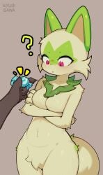 1girls anthro arm_under_breasts biped blush breasts brown_body brown_fur catgirl cheek_tuft crossed_arms crotch_tuft duo eyelashes facial_tuft featureless_breasts featureless_chest featureless_crotch felid feline female female_only fur furry gen_9_pokemon generation_9_pokemon green_body green_fur green_tail hi_res kyurisawa nintendo nude pink_nose pokemon pokemon_(species) question_mark rare_candy red_eyes solo_focus sprigatito tail tuft