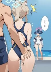 1boy 2girls antenna_hair black_one-piece_swimsuit blue_archive blue_hair blue_halo breasts commentary_request competition_swimsuit cum cum_on_body cum_on_legs cumdrip cumdrip_through_clothes double_bun fubuki_(blue_archive) fubuki_(swimsuit)_(blue_archive) hair_bun halo hand_on_another's_ass highres implied_after_sex jacket kanna_(blue_archive) kanna_(swimsuit)_(blue_archive) large_breasts male_swimwear medium_breasts multiple_girls off_shoulder one-piece_swimsuit pink_halo ponytail red_eyes rodorodo610 school_swimsuit sensei_(blue_archive) single_sidelock swim_trunks swimsuit translation_request trembling white_jacket white_one-piece_swimsuit