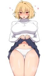 1girls :d alternate_version_available arcueid_brunestud ass_visible_through_thighs blush breasts clothes_lift furrowed_brow jewelry loving_aura maz_515 midriff navel necklace oerba_yun_fang panties pleated_skirt red_eyes short_hair simple_background skirt skirt_lift smile standing steaming_body sweat sweating thick_thighs thighs top_heavy tsukihime tsukihime_(remake) white_background white_panties