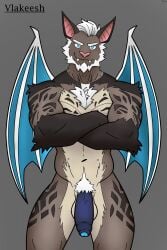 absurd_res anthro balls bat bioluminescence bioluminescent_eyes bioluminescent_penis blue_eyes body_hair brown_body brown_fur chest_hair felid final_fantasy final_fantasy_xiv foreskin fur fur_markings genitals glowing glowing_genitalia glowing_penis hair hi_res hrothgar hybrid male mammal markings navel pawsta penis pubes solo square_enix tight_foreskin vein veiny_penis vlakeesh_(pawsta) white_body white_fur white_hair wings