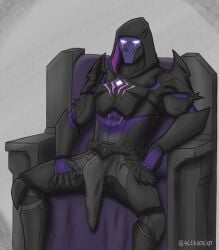 5_fingers acekhoexo arm_down armor belt bulge clawed_fingers claws digital_media_(artwork) dread_omen faceless_male fortnite glowing_eyes grey_body helmet highres humanoid loincloth loincloth_bulge looking_at_viewer male masked masked_men muscular muscular_male purple_markings signature sitting solo_male stone throne warrior