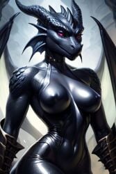 ai_generated anthro black_latex dragon fit_female horns latex perky_breasts red_eyes smirk