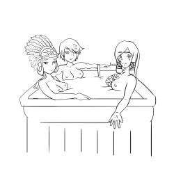 3girls american_mythology awilix_(smite) bathing bellona_(smite) deity european_mythology female_only freya_(smite) goddess hi-rez_studios mayan_mythology mesoamerican_mythology mythology norse_mythology old_character_design pororo public_domain roman_mythology sketch smite