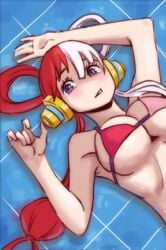 1girls arm_behind_head armpit armpit_crease armpit_peek armpits bare_armpits bare_arms bare_belly bare_chest bare_hands bare_midriff bare_shoulders bare_skin bikini bikini_only bikini_top blue_background breasts busty busty_female busty_girl collarbone elbows exposed_armpits exposed_arms exposed_belly exposed_chest exposed_midriff exposed_shoulders exposed_skin female female_focus female_only fingers hairless_armpits hand_behind_head high_resolution highres large_breasts lean_figure long_hair looking_at_viewer looking_up looking_up_at_viewer lying lying_down lying_on_back lying_on_flooron_back lying_on_ground midriff multicolored_hair narrow_waist one_piece purple_eyes purple_eyes_female red_hair red_hair_female shaved_armpits shoulders simple_background slender_body slender_waist slim_waist solo string_bikini swimsuit swimwear underboob upper_body uta_(one_piece) white_background white_hair white_hair_female