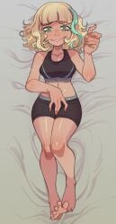 athletic_female bed bedroom_eyes blonde_hair female_only green_eyes jackie_lynn_thomas knuxy looking_at_viewer medium_breasts mostly_clothed shiny_skin smile socks solo solo_female sports_bra star_vs_the_forces_of_evil teenager