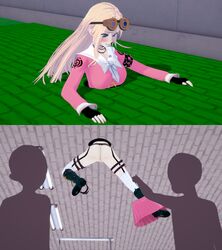 3d bottomless danganronpa danganronpa_v3 embarrassed embarrassed_nude_female enf forced_undressing iruma_miu straight_hair stuck stuck_in_floor ultimateenf undressing