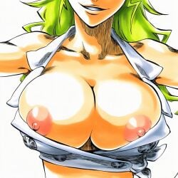 1:1 1girls 2d accurate_art_style accurate_body_type ai_generated areolae bare_shoulders big_breasts bleach bleach:_the_thousand-year_blood_war breast_focus breasts breasts_out breasts_out_of_clothes breasts_squeezed_together breasts_together busty busty_female candice_catnipp cel_shading cleavage clothing crop_top cropped exposed_breasts facing_viewer female female_focus female_only front_view glossy_body green_hair grin head_out_of_frame high_resolution highres huge_breasts large_breasts light-skinned_female light_skin line_art long_hair manga_style midriff nipple_slip nipples no_bra official_style open_clothes outstretched_arms parted_lips partially_clothed presenting presenting_breasts quincy_(bleach) shiny_breasts shiny_skin simple_background sleeveless smile solo solo_female solo_focus spread_arms standing sternritter tied_shirt tite_kubo_style upper_body wardrobe_malfunction white_background