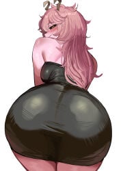 1girl 1girls absurdres adult_mina ashido_mina ashido_mina_time-skip ass ass_focus bare_shoulders big_ass black_dress black_sclera blush boku_no_hero_academia breasts colored_sclera commentary cowboy_shot dress english_commentary female female_only half-closed_eyes highres horns large_breasts leaning_forward long_hair looking_at_viewer looking_back mina_ashido mina_ashido_time-skip my_hero_academia my_hero_academia_(finale) pink_hair simple_background smile solo solo_female thighs white_background yellow_eyes zd_(pixiv6210083)